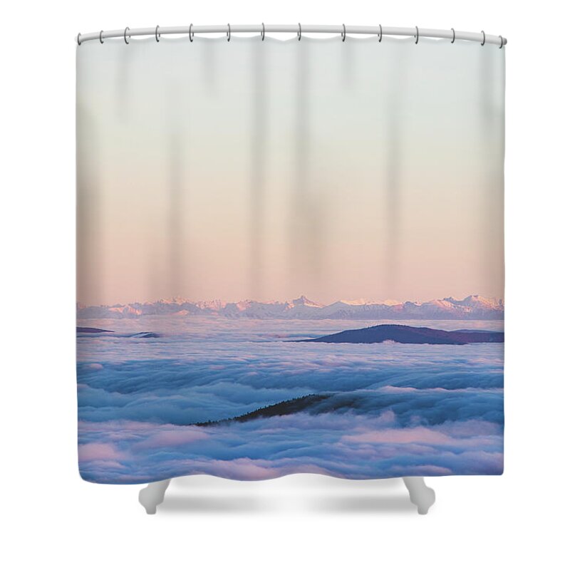 Transportation Shower Curtain featuring the photograph Above clouds and sunset - High Tatras, Slovakia by Vaclav Sonnek