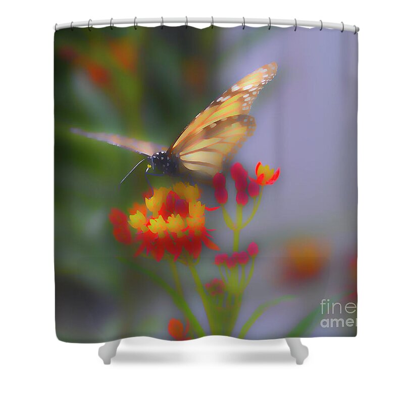 Monarch Shower Curtain featuring the digital art Abst Monarch by Alison Belsan Horton