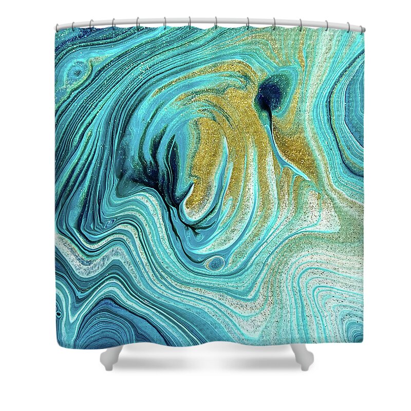 Abstract Shower Curtain featuring the painting Abstract Acrylic Pour Painting Blue and Golden by Matthias Hauser