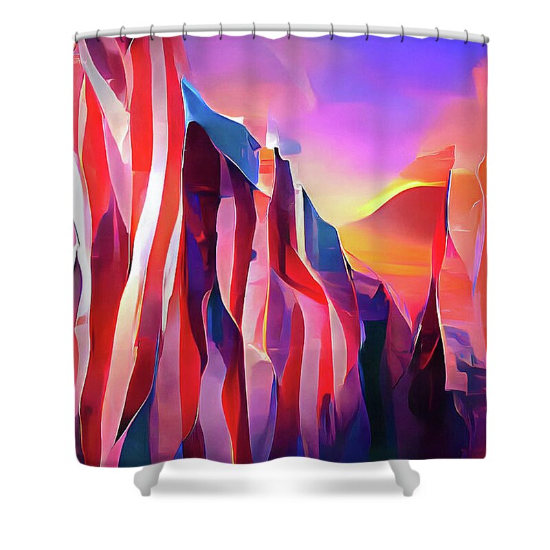 Usa Shower Curtain featuring the digital art Abstract American Landscape 02 Patriotic US Flag Colors Red Blue White by Matthias Hauser