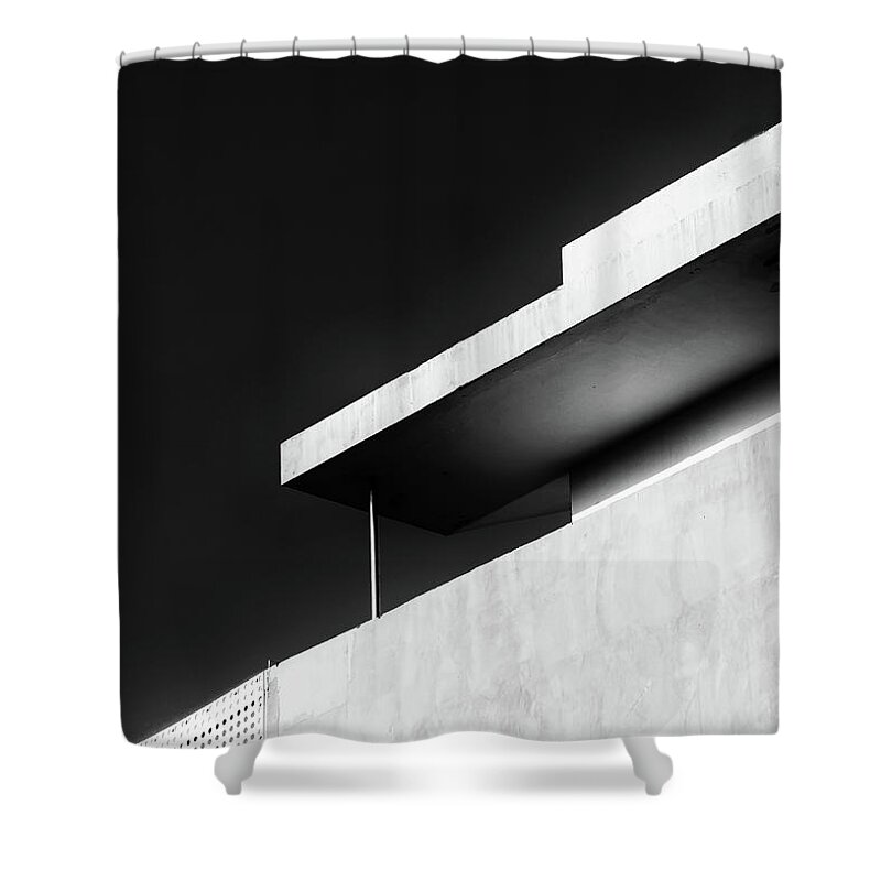 Black And White Shower Curtain featuring the photograph Abstract architecture design. Black and white futuristic exterior background. Black sky copy-space by Michalakis Ppalis