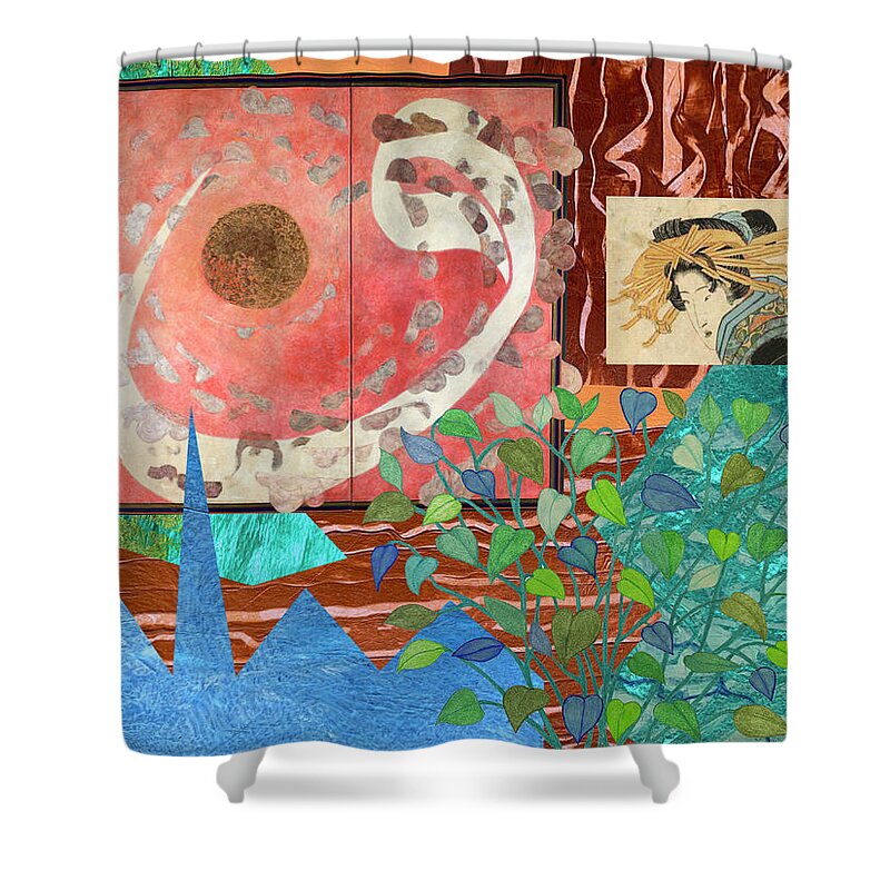 Asian Influence Shower Curtain featuring the mixed media Abstract Collage by Lorena Cassady