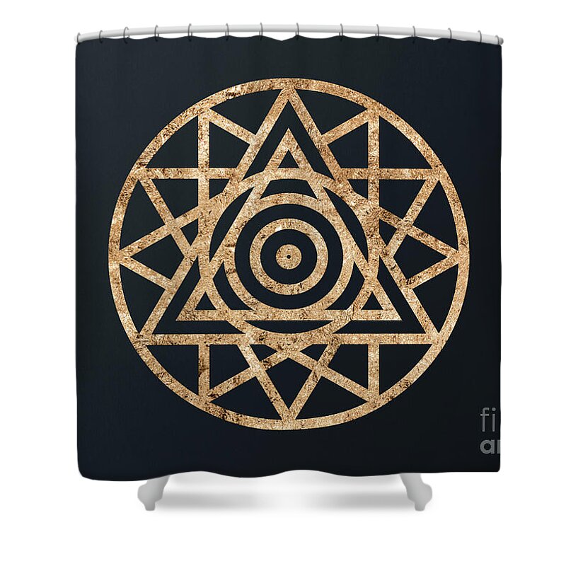 Glyph Shower Curtain featuring the mixed media Abstract Geometric Gold Glyph Art on Dark Teal Blue 063 Horizontal by Holy Rock Design