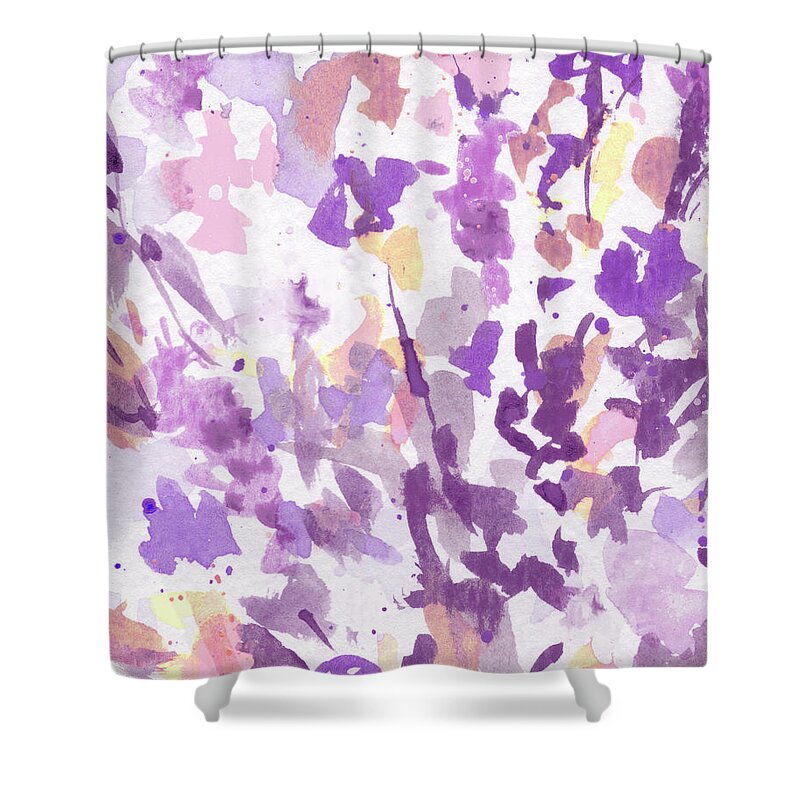 Abstract Flowers Shower Curtain featuring the painting Abstract Purple Flowers The Burst Of Color Splash Of Watercolor I by Irina Sztukowski