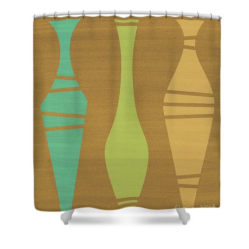 Mid Century Modern Shower Curtain featuring the mixed media Abstract Vases on Brown Mixed Media by Donna Mibus