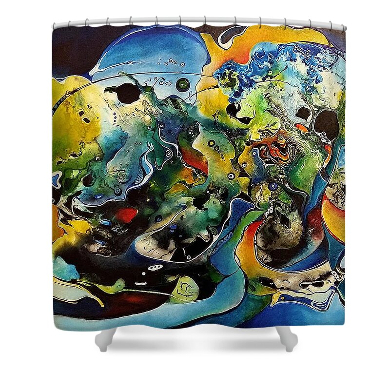 Abstract Mixed Media Shower Curtain featuring the painting Abstract World by Wolfgang Schweizer