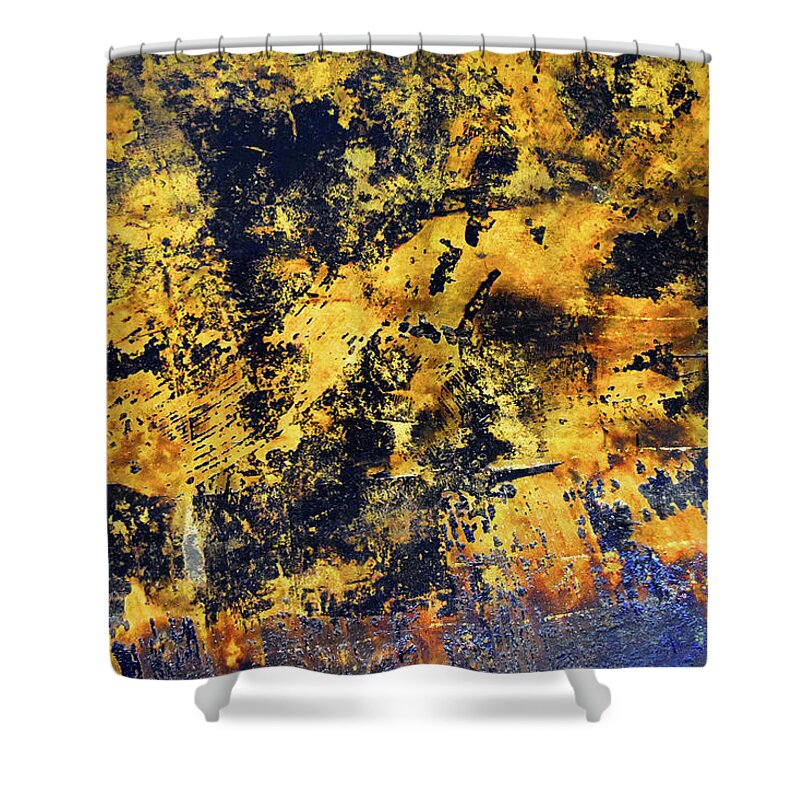 Black Blue And Gold Shower Curtain featuring the painting Abstraction in Black Blue and Gold by Frank Wilson