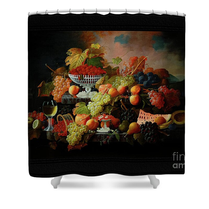 Abundance Of Fruit Shower Curtain featuring the painting Abundance of Fruit by Severin Roesen Old Masters Classical Fine Art Reproduction by Rolando Burbon