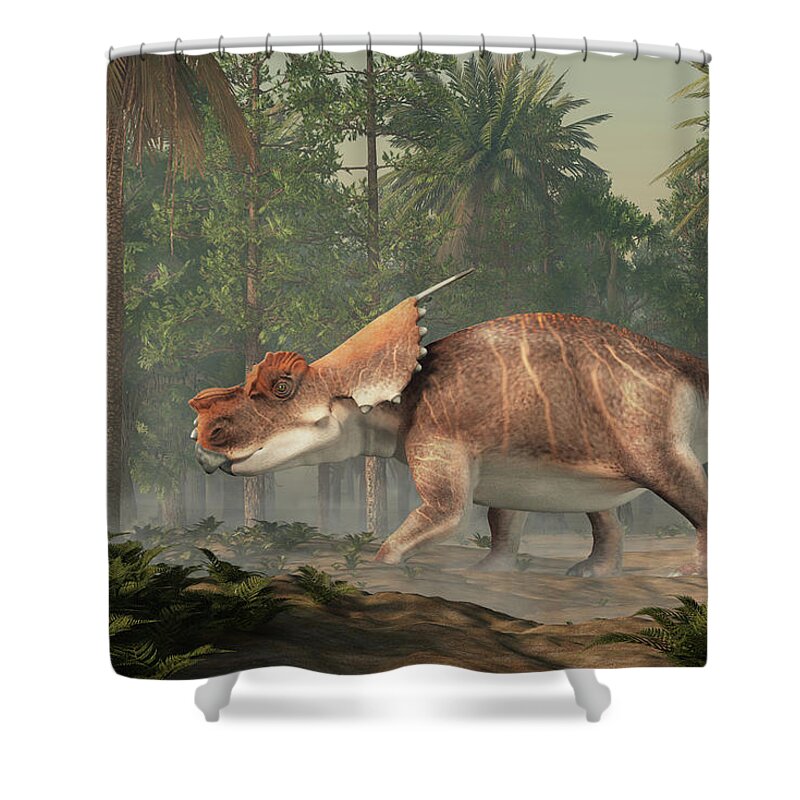 Achelousaurus Shower Curtain featuring the digital art Achelousaurus in a Forest by Daniel Eskridge