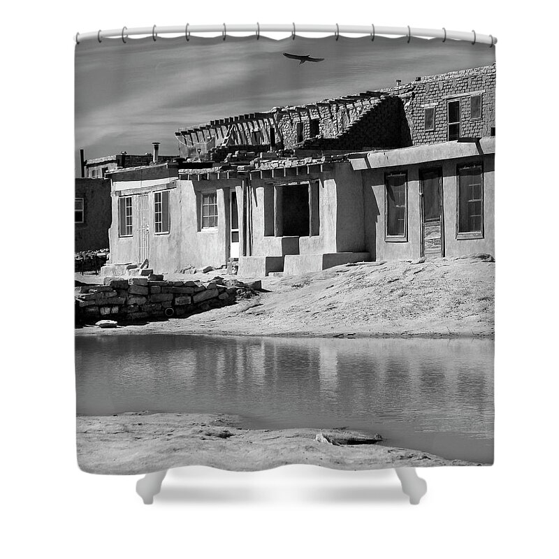 Acoma Pueblo Shower Curtain featuring the photograph Acoma Pueblo Adobe Homes B W by Mike McGlothlen