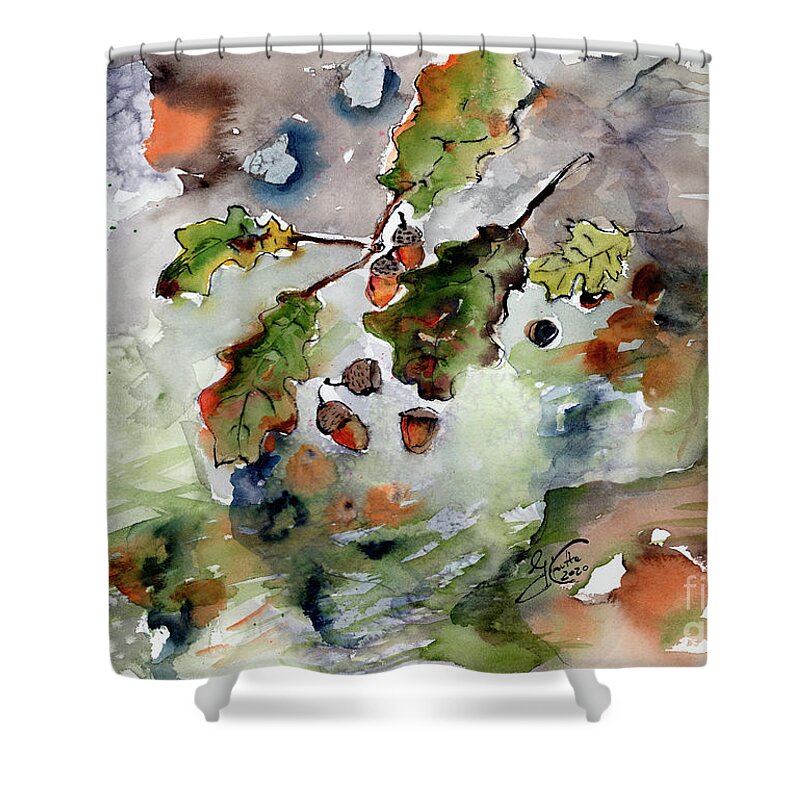 Forest Shower Curtain featuring the painting Acorns on Forest Floor Autumn Mood by Ginette Callaway