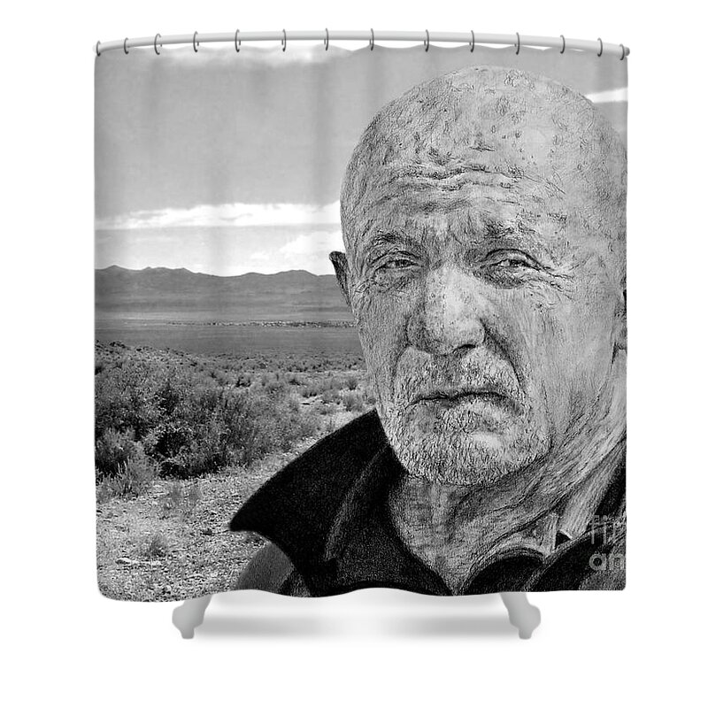Actor Jonathan Banks As Mike Ehrmantraut In Breaking Bad Shower Curtain featuring the digital art Actor Jonathan Banks as Mike Ehrmantraut by Jim Fitzpatrick