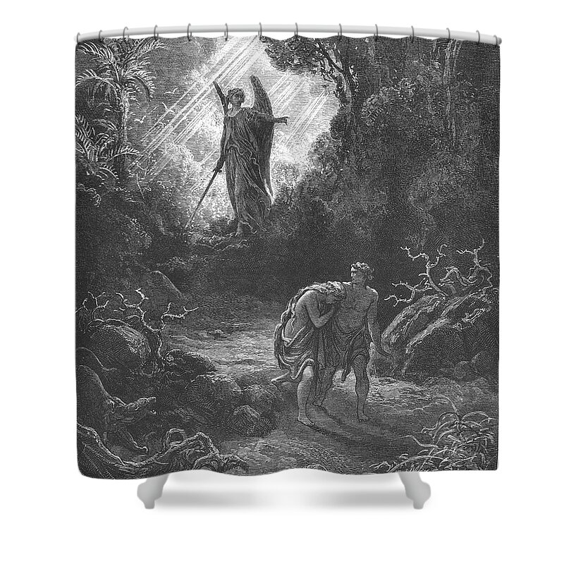 Adam Shower Curtain featuring the photograph Adam and Eve Driven Out of Eden by Gustave Dore v1 by Historic illustrations