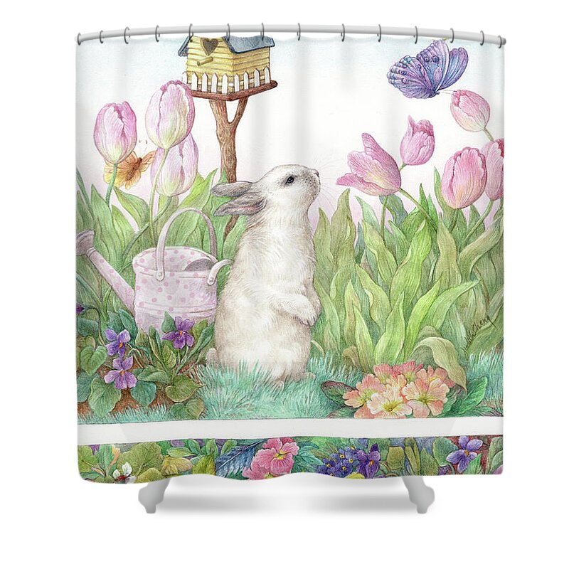 Painted Bunny Shower Curtain featuring the painting Adorable Bunny and Tulips by Judith Cheng
