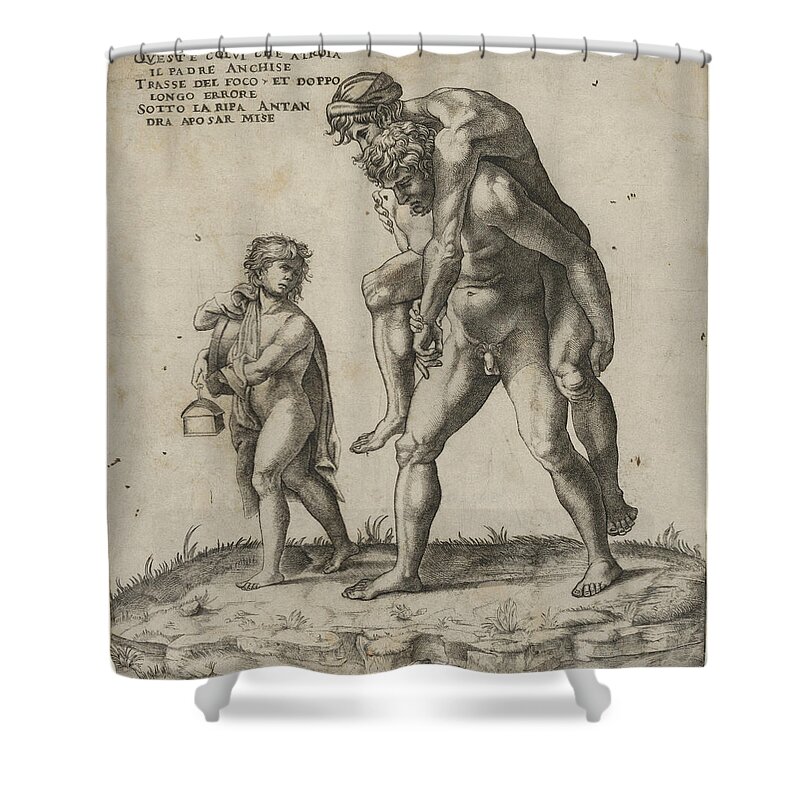 Giovanni Jacopo Caraglio Shower Curtain featuring the drawing Aeneas rescuing Anchises, a young boy carrying a lantern at left by Giovanni Jacopo Caraglio