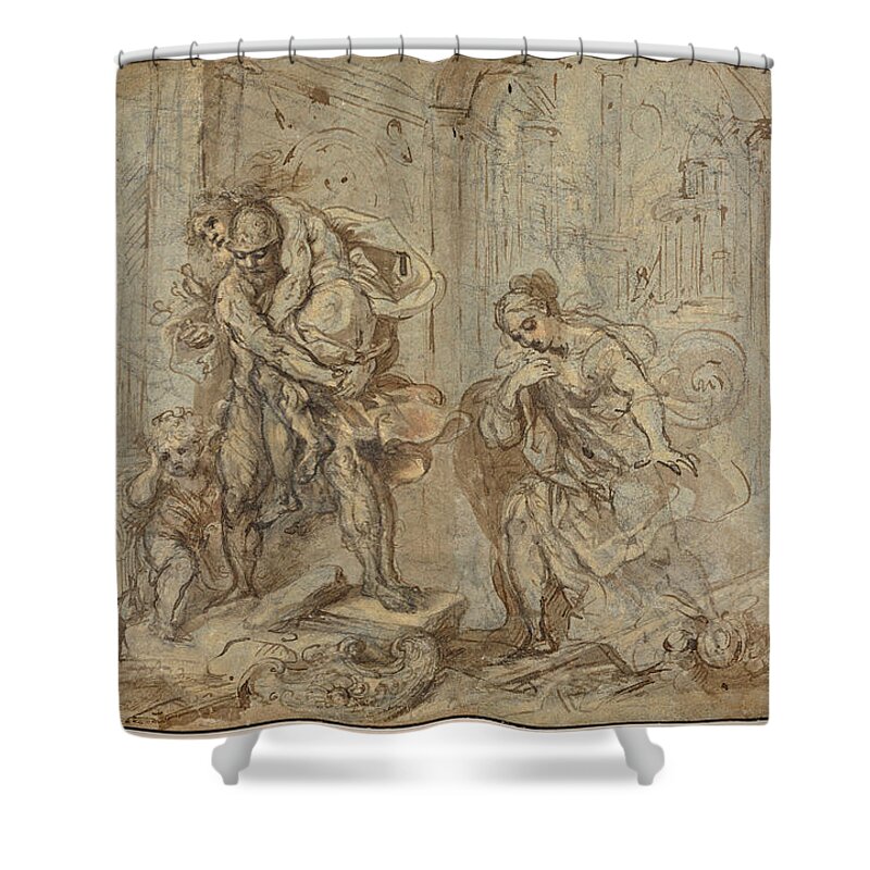 Federico Barocci Shower Curtain featuring the drawing Aeneas Saving Anchises at the Fall of Troy by Federico Barocci
