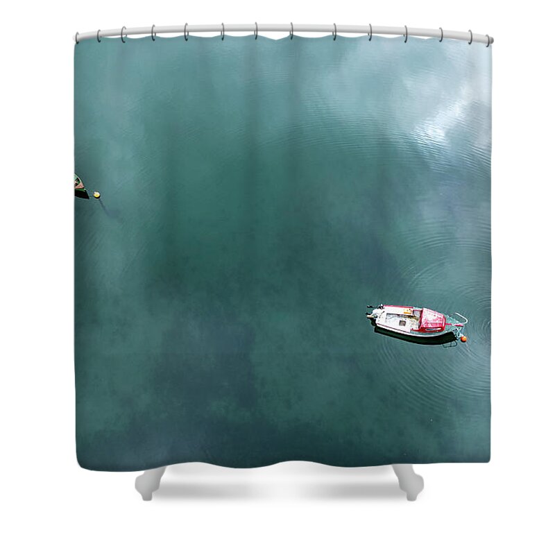 Above Shower Curtain featuring the photograph Aerial, drone image of two fishing boats in water by Michalakis Ppalis
