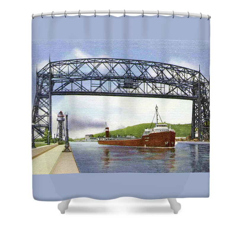 Duluth Shower Curtain featuring the photograph Aerial Lift Bridge with Freighter by Zenith City Press