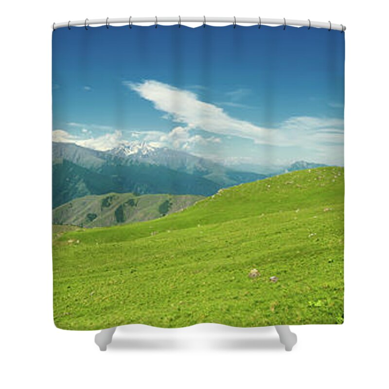 Mountain Shower Curtain featuring the photograph Aerial panorama landscape in mountains by Mikhail Kokhanchikov