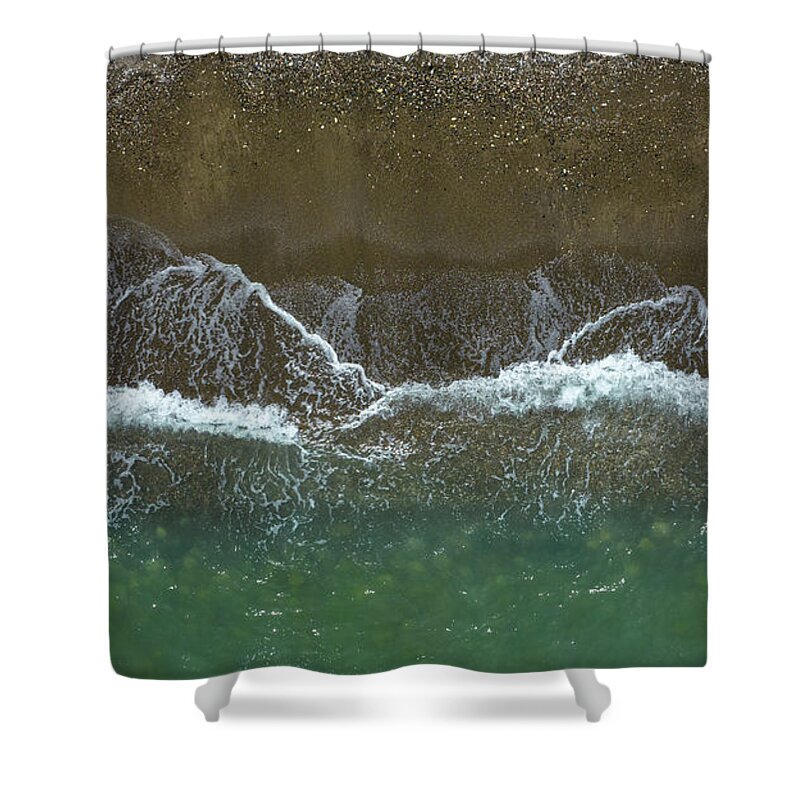 Waves Shower Curtain featuring the photograph Aerial view ocean waves braking on a sandy beach. Nature background by Michalakis Ppalis