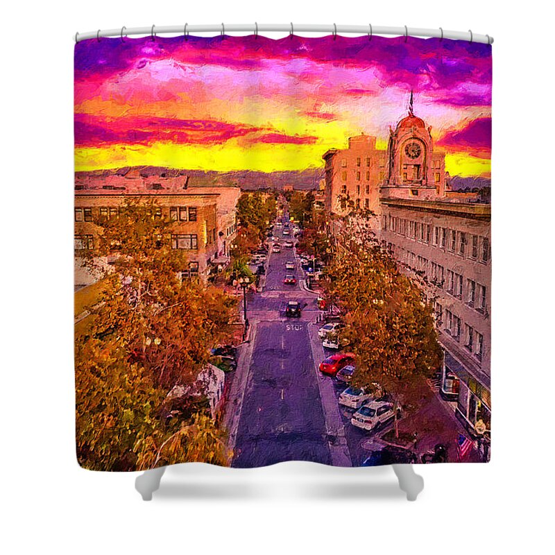 W 4th Street Shower Curtain featuring the digital art Aerial view of W 4th Street in downtown Santa Ana - digital painting by Nicko Prints