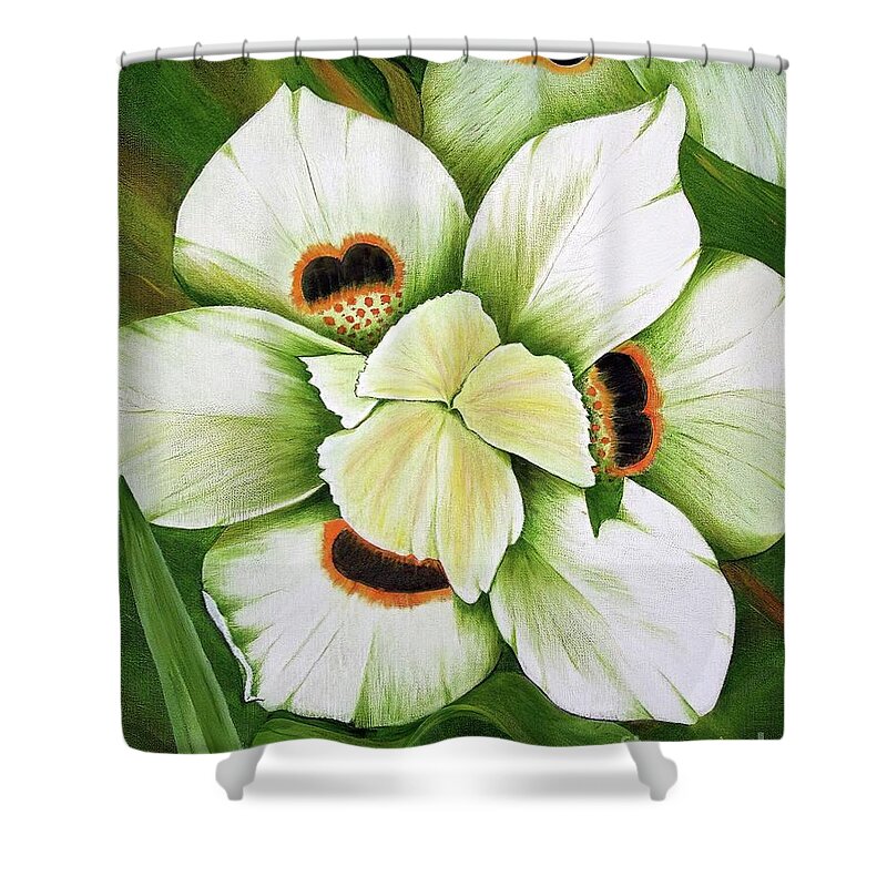 Iris Shower Curtain featuring the painting African Butterfly Iris by Mary Deal