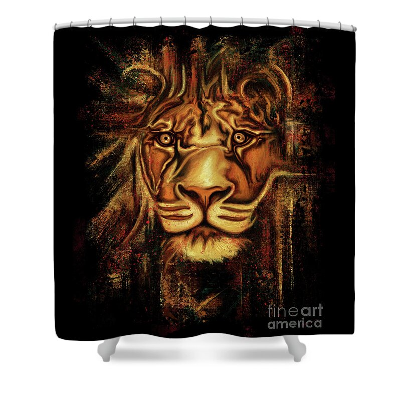 African Lion Shower Curtain featuring the digital art African lion portrait painting, male lion by Nadia CHEVREL