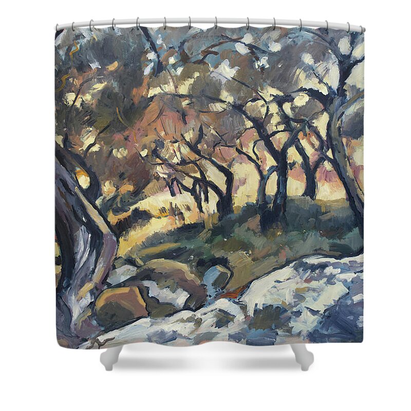 Paxos Shower Curtain featuring the painting Afternoon sun in the olive grove Paxos by Nop Briex