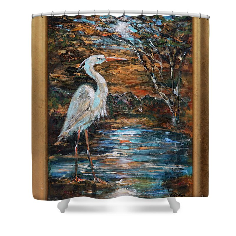 Ibis Shower Curtain featuring the painting Aged Crane by Linda Olsen