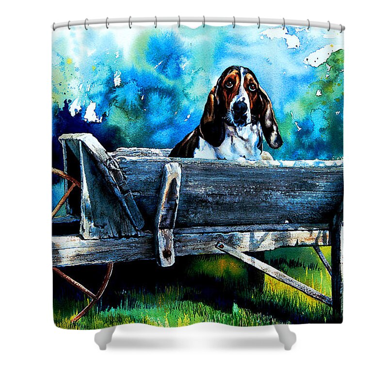 Dog In Wheelbarrow Shower Curtain featuring the painting Ah Pooey by Hanne Lore Koehler