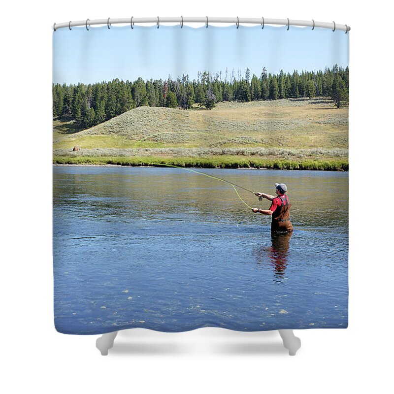 Ahhhh Shower Curtain featuring the photograph Ahhhh, West and Weewaxation at Wast -- Fisherman in Yellowstone National Park, Wyoming by Darin Volpe