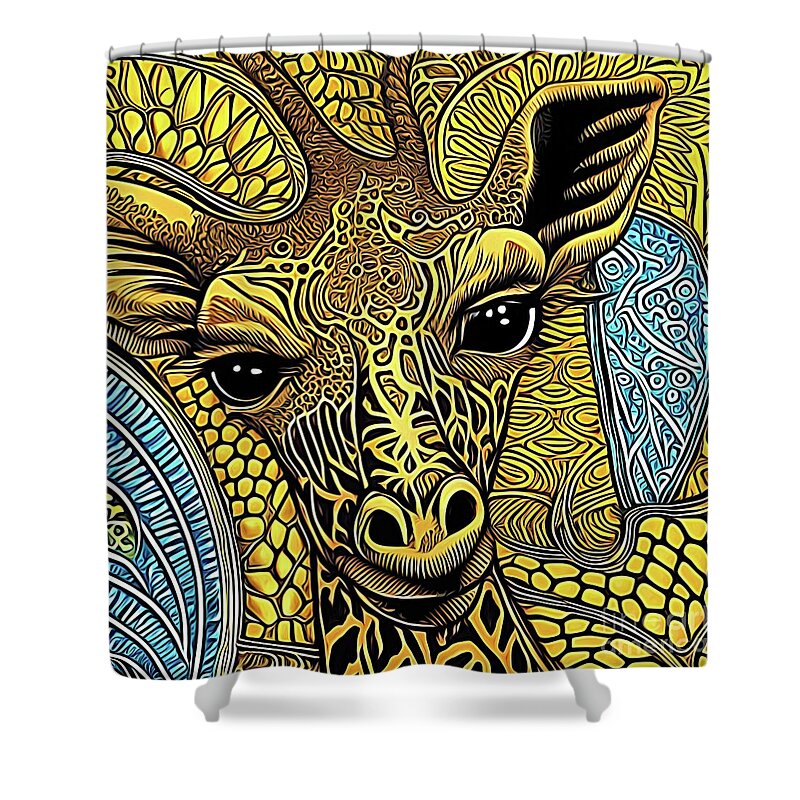 Ai Art Beautiful Giraffe Zentangle Abstract Expressionism1 Shower Curtain featuring the digital art AI Art Beautiful Giraffe Zentangle Abstract Expressionism1 by Rose Santuci-Sofranko