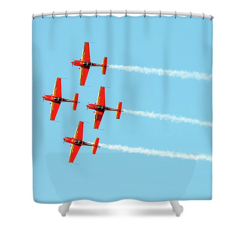 Air Show Shower Curtain featuring the photograph Airplanes doing aerobatics at Athens flying week 2019 by Michalakis Ppalis