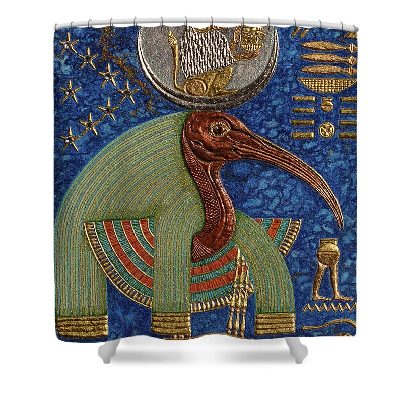 Ancient Shower Curtain featuring the mixed media Akem-Shield of Djehuty and the Souls of Khemennu by Ptahmassu Nofra-Uaa