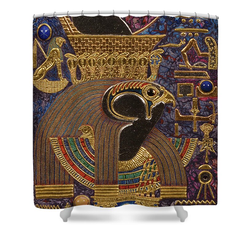 Ancient Shower Curtain featuring the mixed media Akem Shield of Heru Who Unites the Two Lands by Ptahmassu Nofra-Uaa