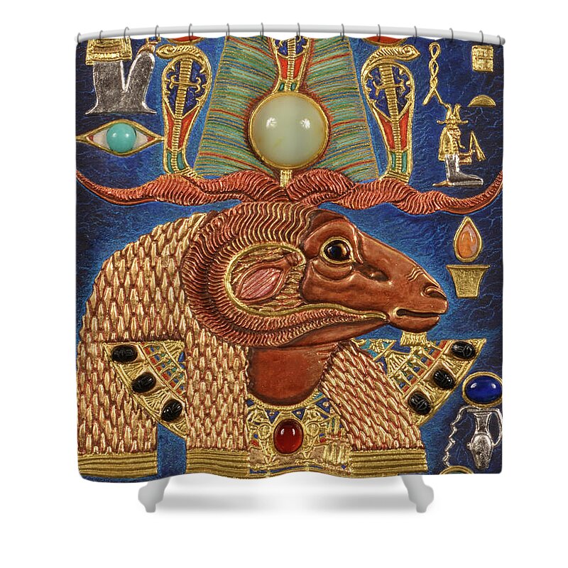 Ancient Shower Curtain featuring the mixed media Akem-Shield of Khnum-Ptah-Tatenen and the Egg of Creation by Ptahmassu Nofra-Uaa