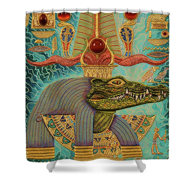 Ancient Shower Curtain featuring the mixed media Akem-Shield of Sobek-Ra Lord of Terror by Ptahmassu Nofra-Uaa