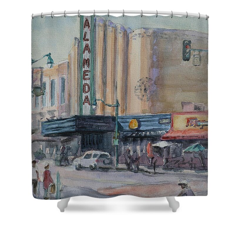 Historic Shower Curtain featuring the painting Alameda Theater by Xueling Zou
