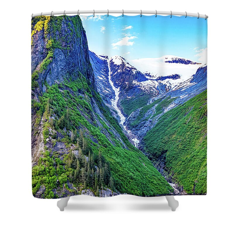 Alaska Shower Curtain featuring the digital art Alaska Inside Passage frozen waterfall by SnapHappy Photos
