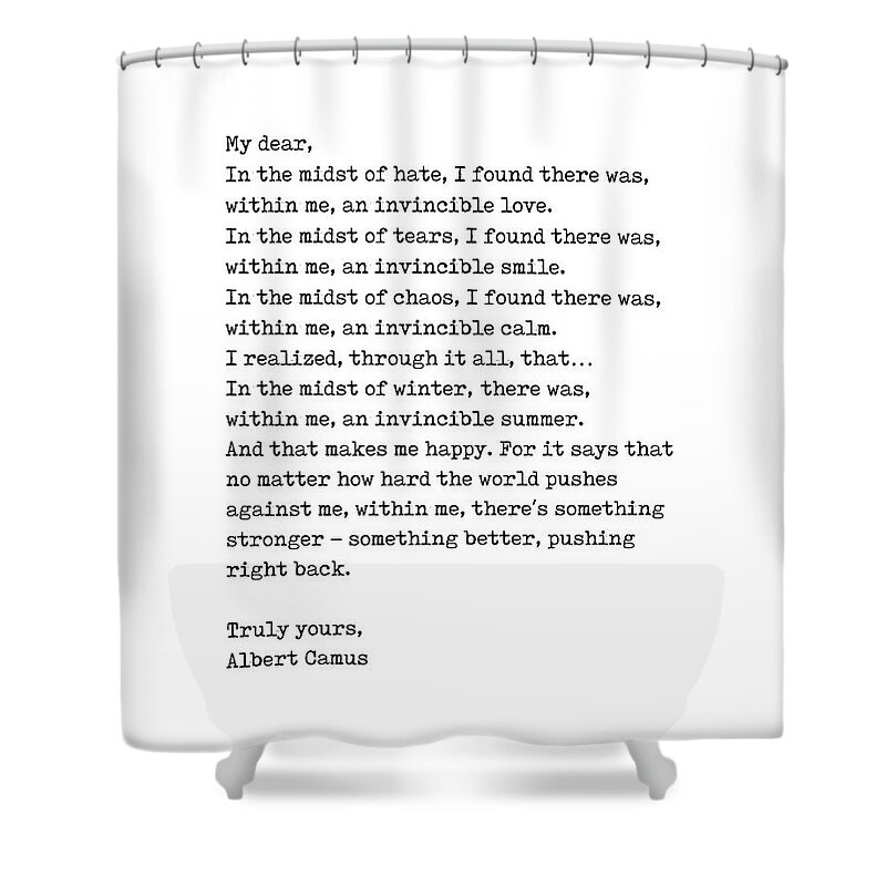 Albert Camus Shower Curtain featuring the digital art Albert Camus Quote - Invincible Summer 1 - Typewriter Print - Minimalist, Inspiring Literary Quote by Studio Grafiikka