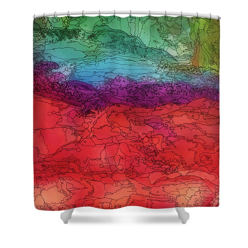 Red Shower Curtain featuring the mixed media Alcohol Landscape by Aimee Bruno