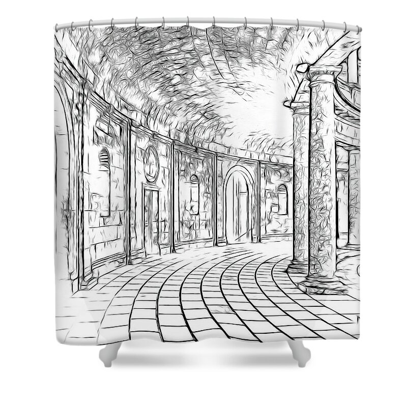 Alhambra Shower Curtain featuring the drawing Alhambra Palace Corridor by Rebecca Herranen