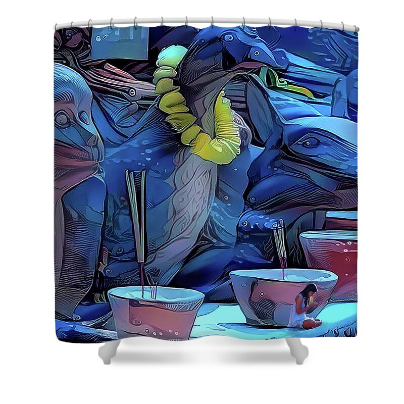 Alice In Wonderland Shower Curtain featuring the digital art Alice in Facebookland by Jeremy Holton