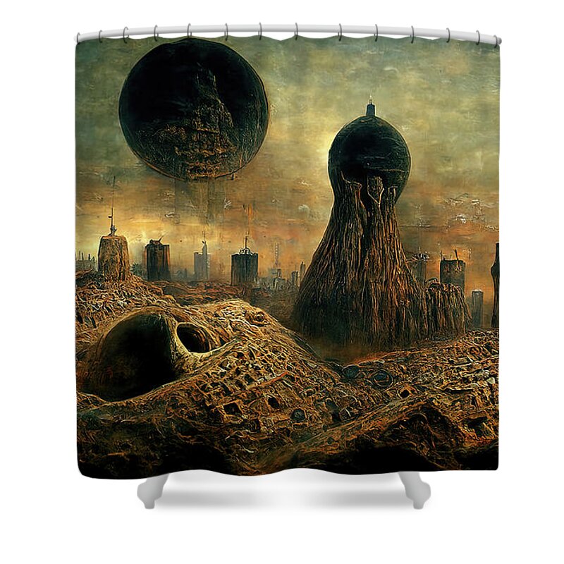 Alien Shower Curtain featuring the painting Alien City, 04 by AM FineArtPrints