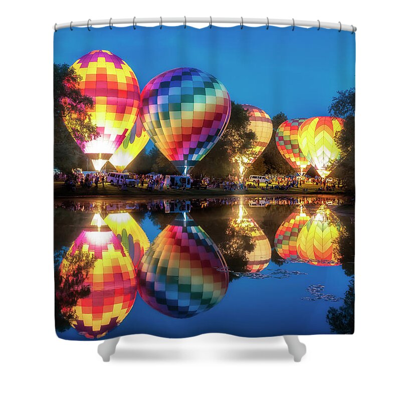 Hot Air Balloons Shower Curtain featuring the photograph All Balloon Glow - Centralia Balloon Fest by Susan Rissi Tregoning