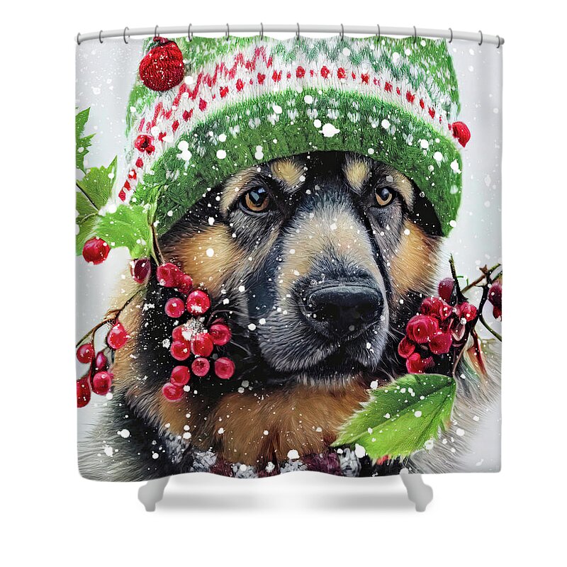 German Sherpard Shower Curtain featuring the painting All Dressed For Winter by Tina LeCour