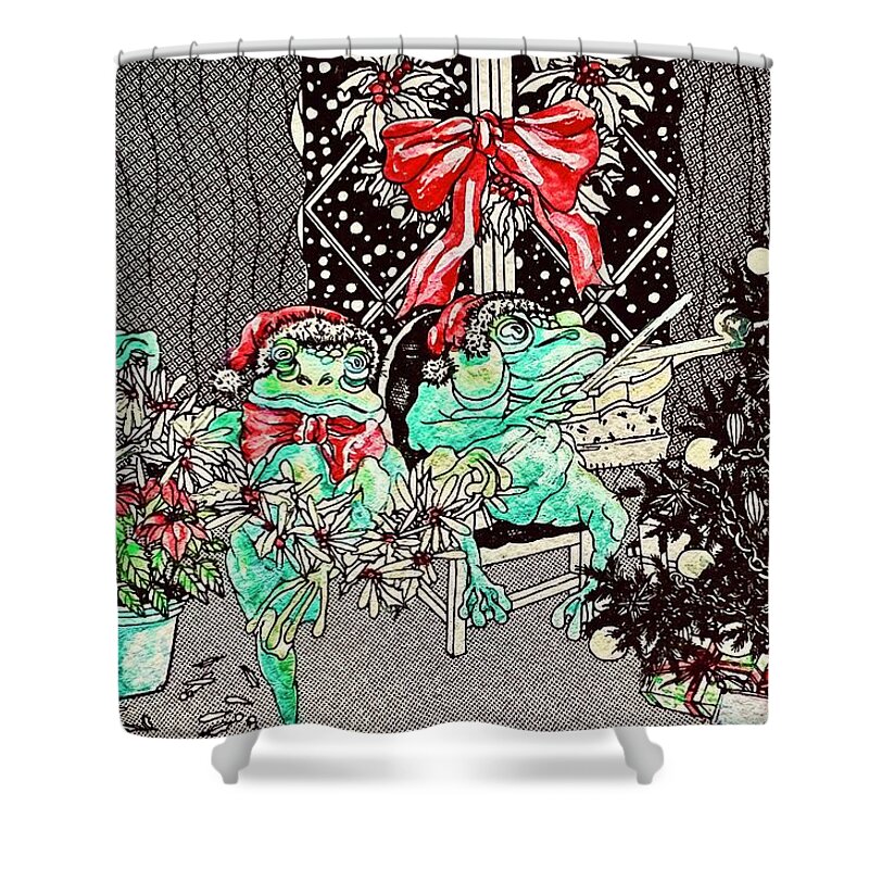 Red And Green Shower Curtain featuring the mixed media Frogs Frolicking Singing Holiday Print and card by Gail Allen