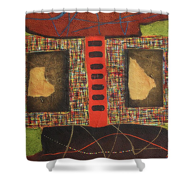 African Art Shower Curtain featuring the painting All The Boxes Checked by Michael Nene