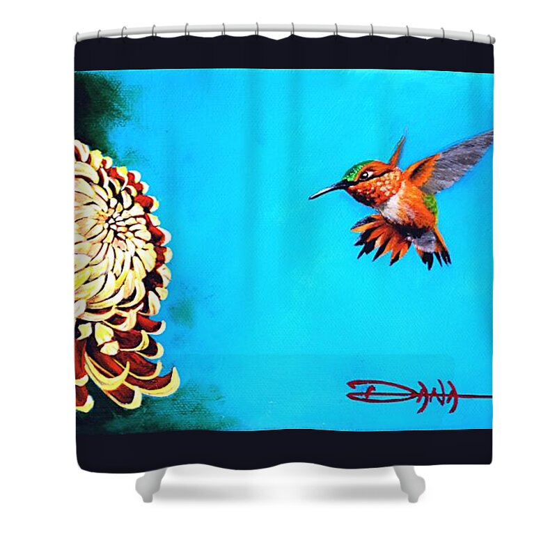 Birds Shower Curtain featuring the painting Allen's Hummingbird and Chrysanthemum by Dana Newman