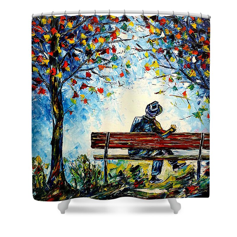 Lonely Man Shower Curtain featuring the painting Alone On A Bench by Mirek Kuzniar